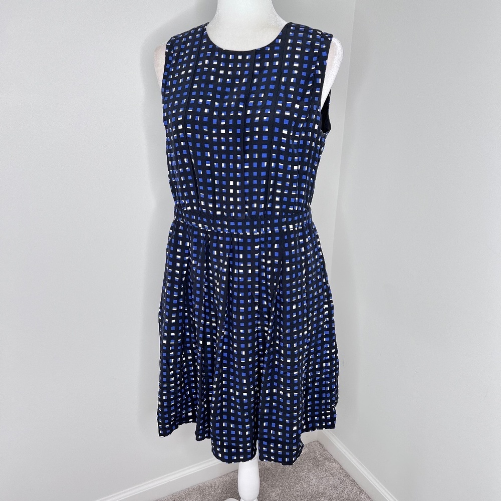 Kate Spade Fit and Flare Blue Black Square Print Dress 6